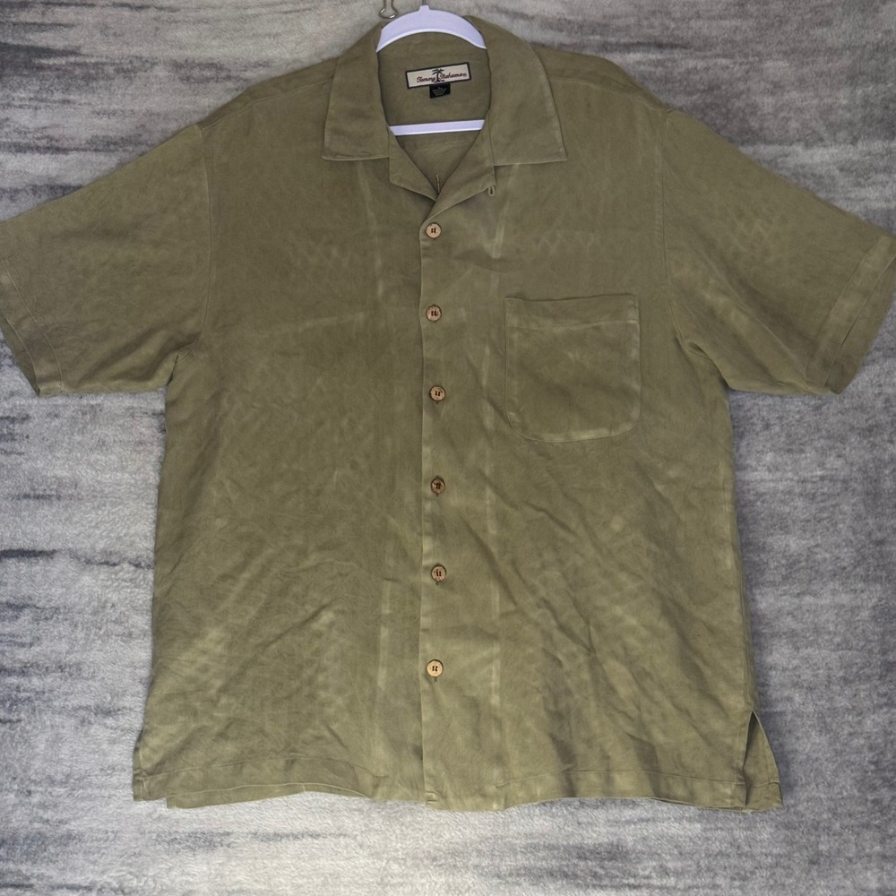 Tommy‎ Bahama Mens Large Silk Cafe Paradise Embroidered Camp Shirt Olive Green